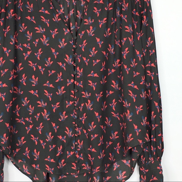 Free People Bird Print Button Up Long Sleeve Tie Cuff Blouse - Picture 4 of 10